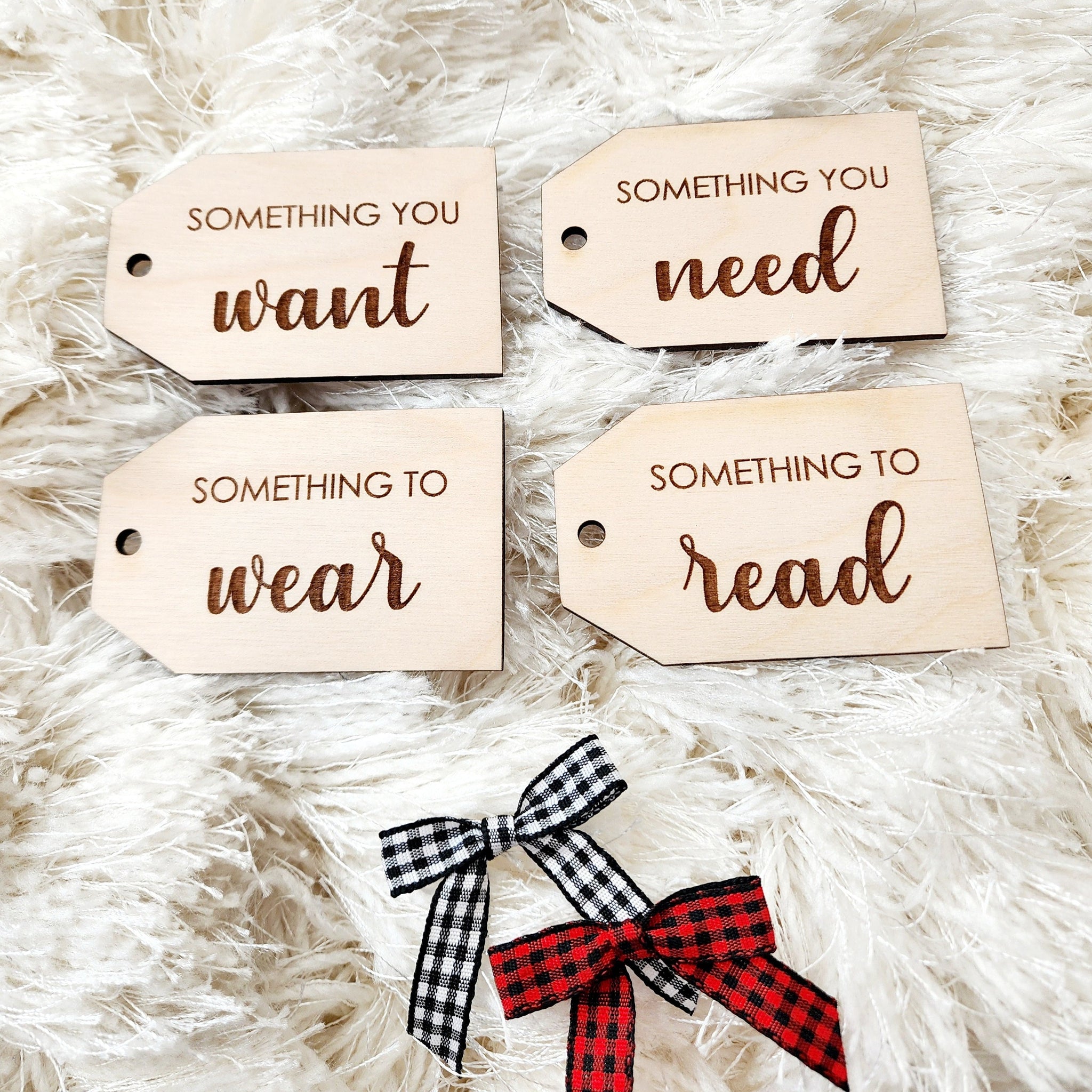 Set of 4 wooden gift tags: something you want something you need something you wear something you read