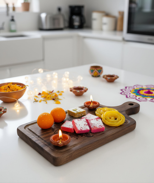 small floral engraved cheese board for Diwali party favor