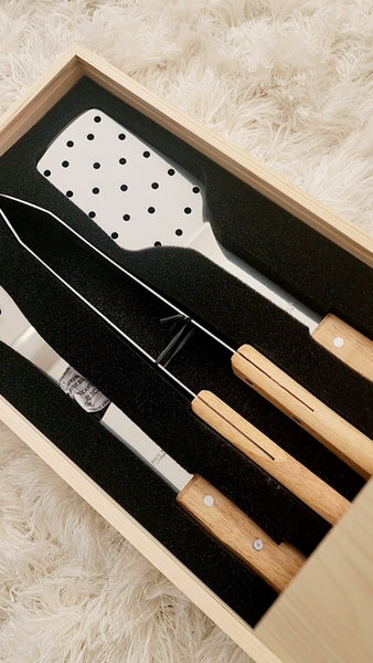 BBQ Sets are a great gift for the grill master in your life! Each set comes with everything you would need for a fun day of grilling with family and friends.  Makes a great Father's Day gift.  Each set includes one piece each of stainless steel spatula,  tongs & fork with solid oak handles.