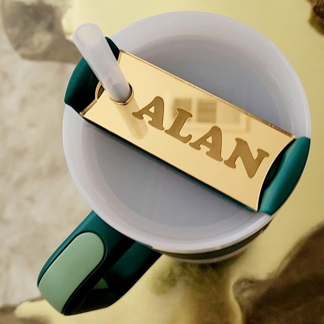 Engraved stanley tumbler name plate or name tags. custom decor bound just for your home.