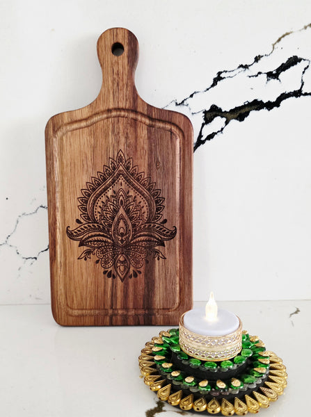 small floral engraved cheese board for hostess gift and Diwali party favor