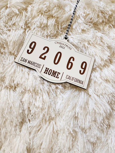 Home Ornament Zipcode Ornament | Home Sweet Home Ornament | California Ornament | Wood engraved ornament with zip code, city, state &  2023 engraved on it. Merry Christmas. Perfect gift for first time home owners or new home owners. First Christmas.