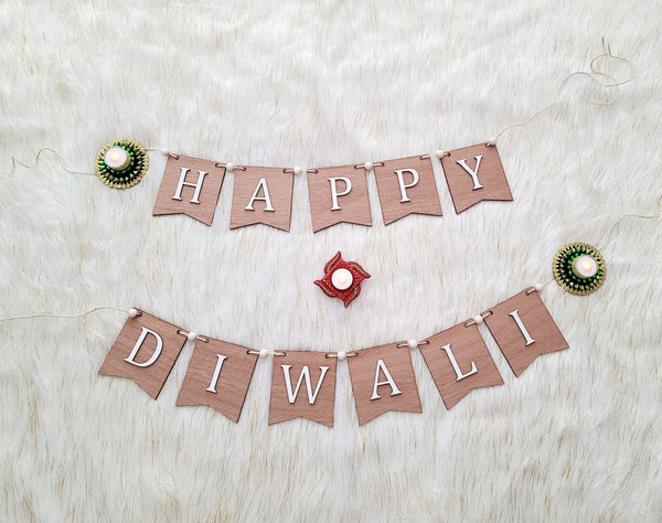 Diwali Pennant Banner made of wood. 3D effect. Home decor for Indian South Asian home during the hindu festival of Diwali or Deepavali - Festival of Lights