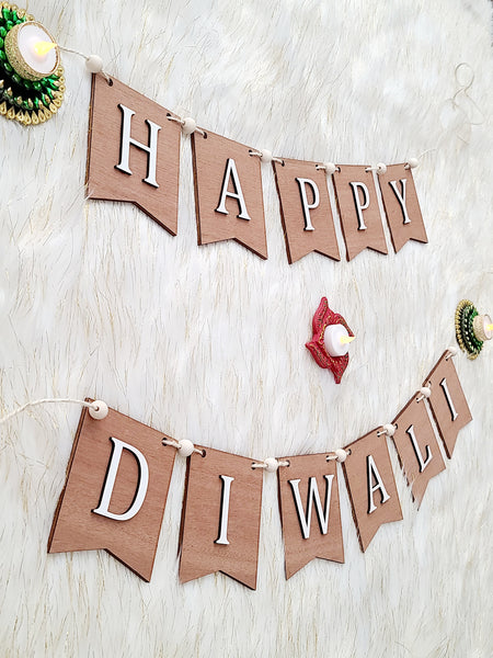 Diwali Pennant Banner made of wood. 3D effect. Home decor for Indian South Asian home during the hindu festival of Diwali or Deepavali - Festival of Lights